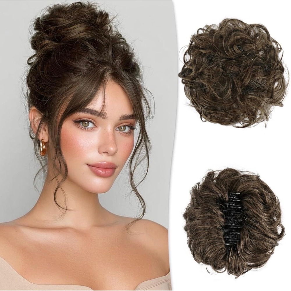 RUWISS Human Hair Messy Bun Extension Claw Clip Brown Mixed Wavy Chignon 45g